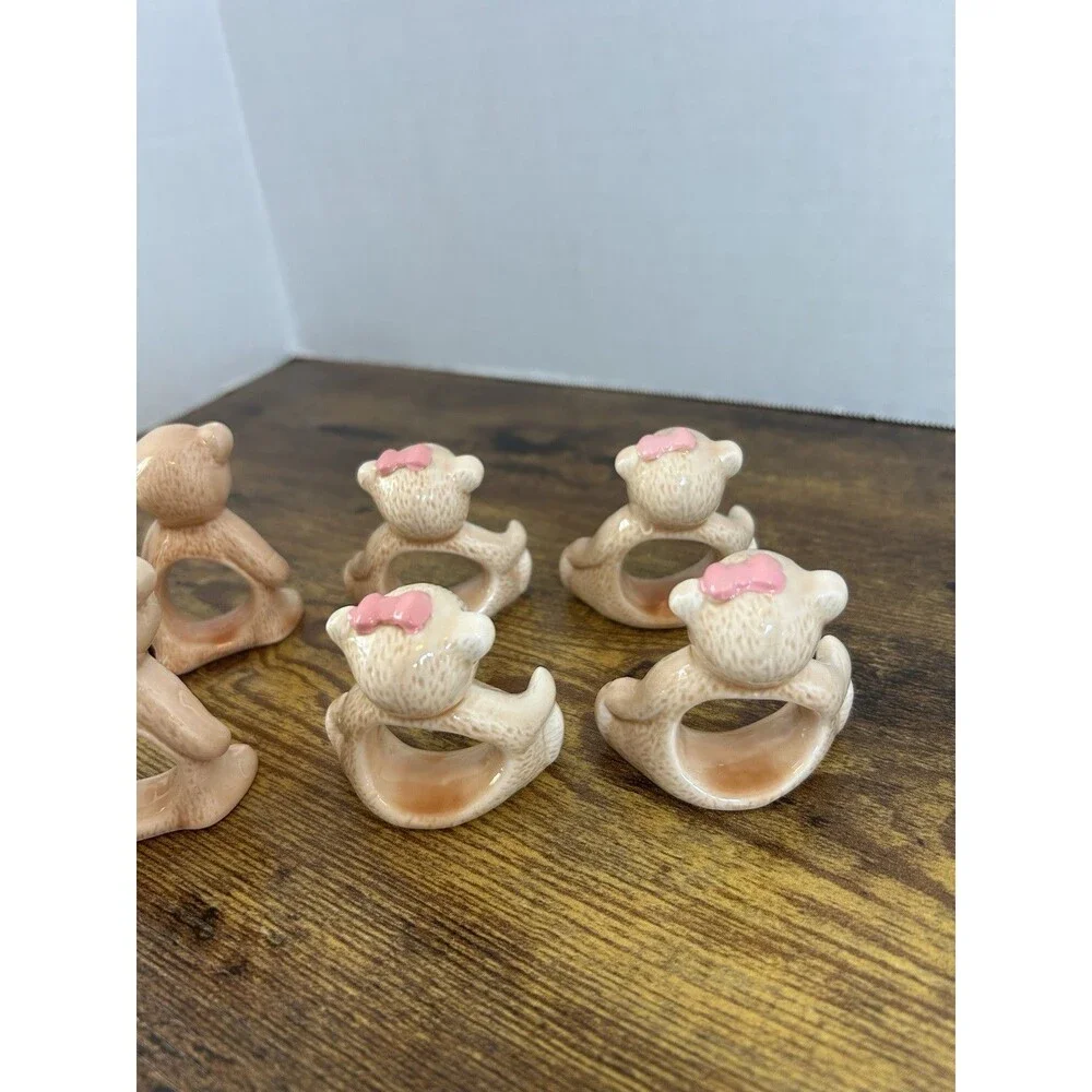 Vintage Taiwan Teddy Bear Ceramic Napkin Ring Holders Set of 8 Brown Boy Girl